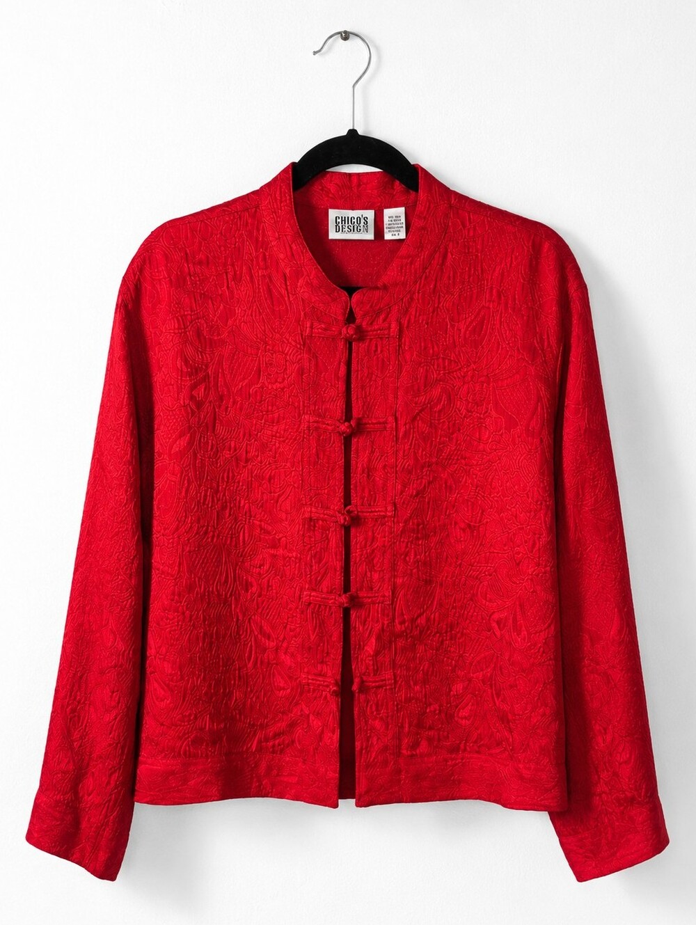 Vintage 90s Chico's Design Red Silk Wool Jacquard Frog Closure Jacket Sz 3 Large